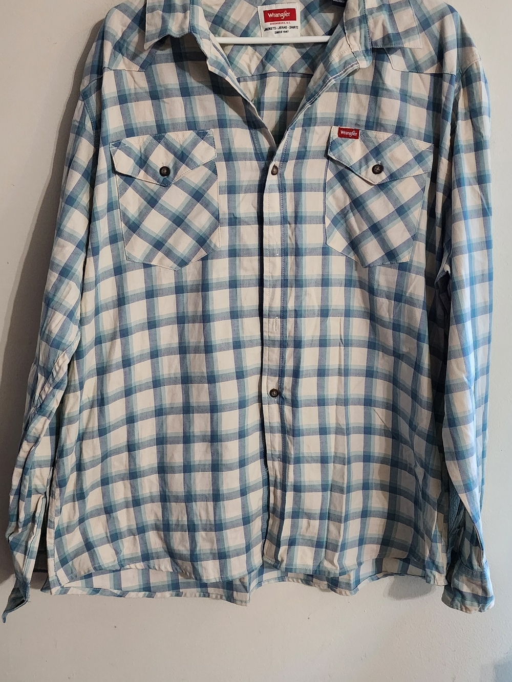 Wrangler Blue & White Plaid Long Sleeve Button-Down Shirt Western Pearl Snap XL